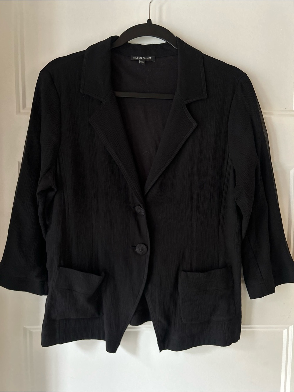 Eileen Fisher Relaxed Silk Crinkle Jacket M Black 100% Silk Blazer Quiet Luxury
